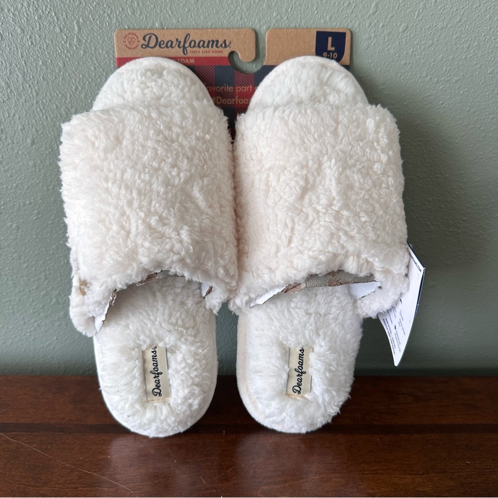 Dearfoams Lane Teddy Slide Memory Foam Slippers in Muslin size Large (9-10)